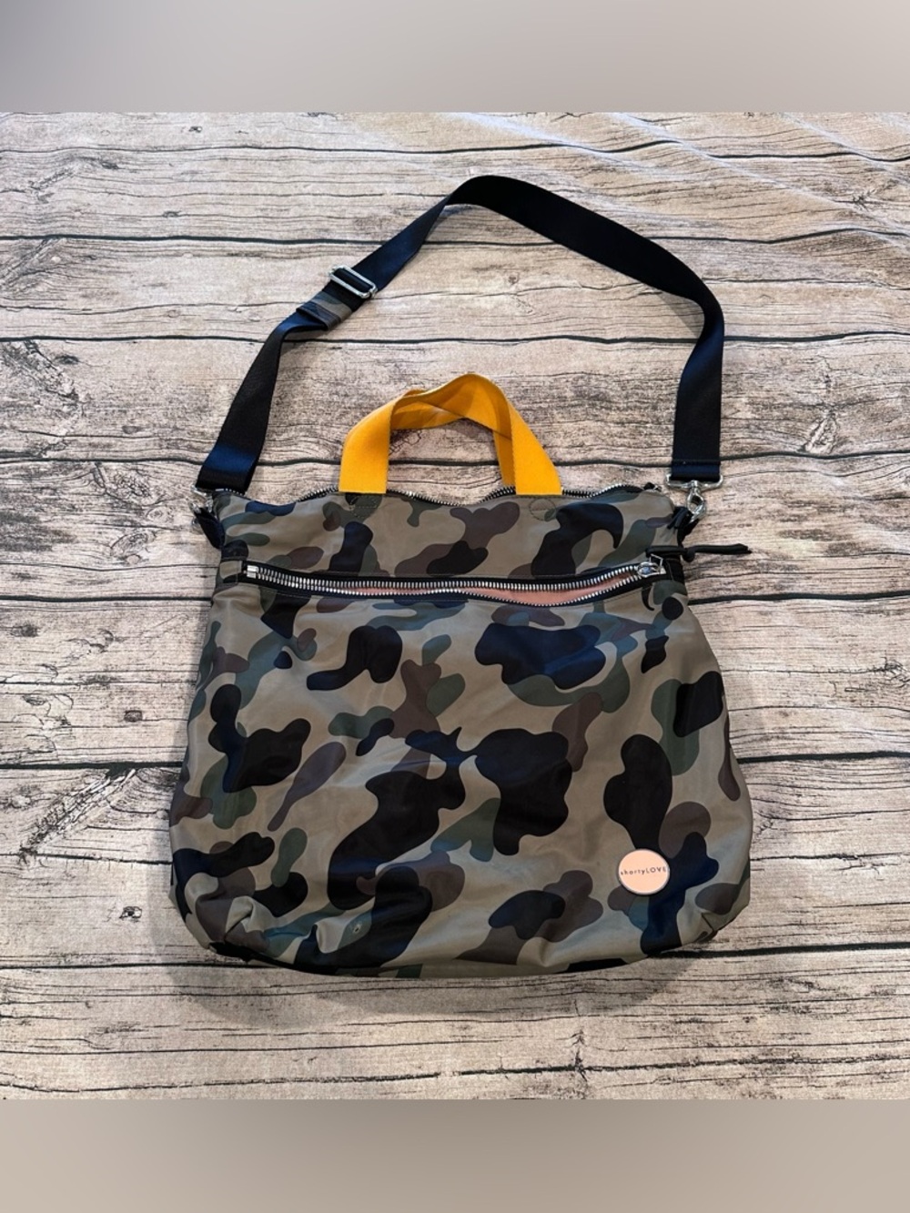 Shortylove Wonder Crossbody Bag in Camo Nylon Tote with Yellow Handles ~15”x14”